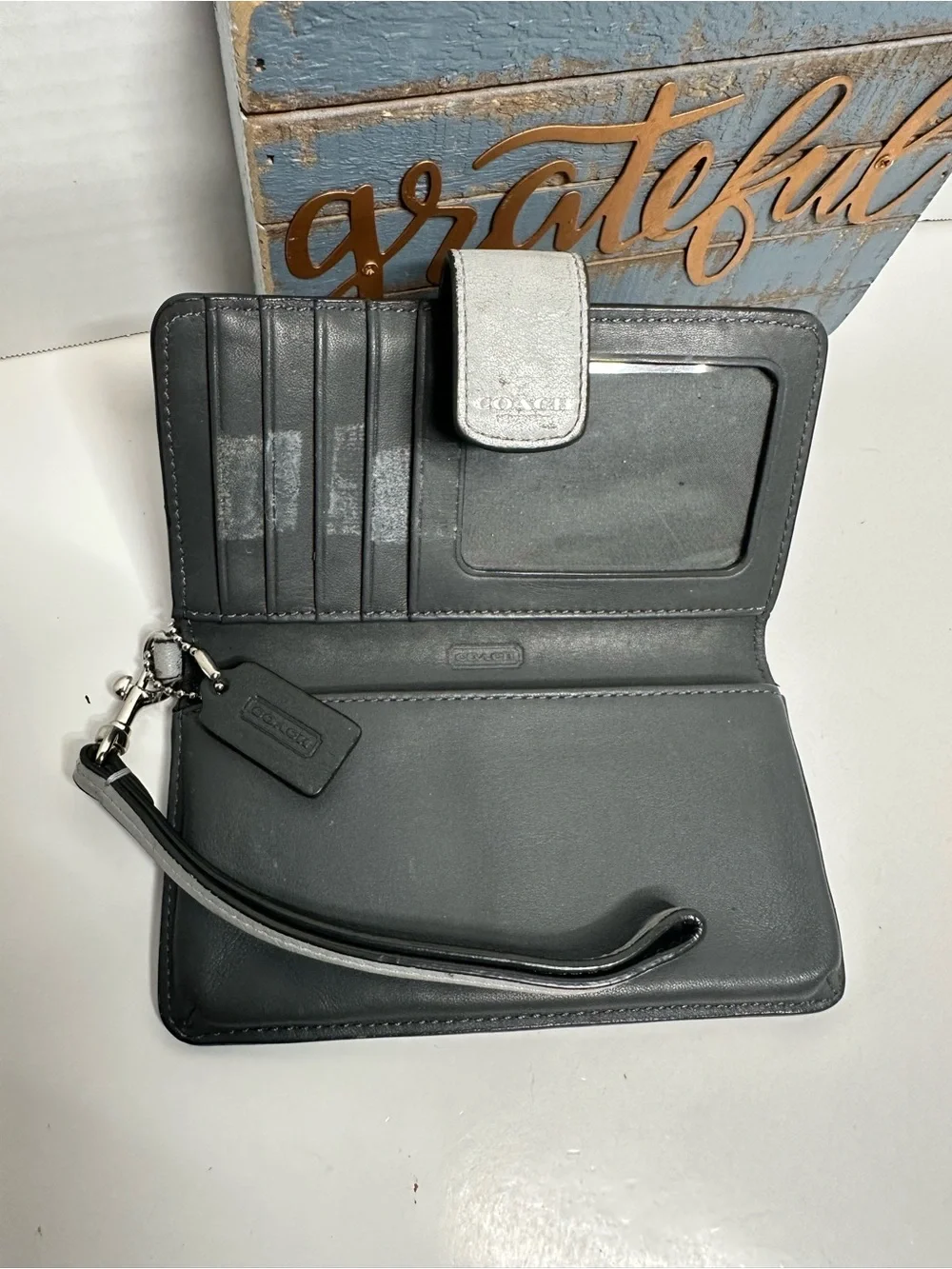 Coach Silver Pebbled Leather Wristlet Case with Strap